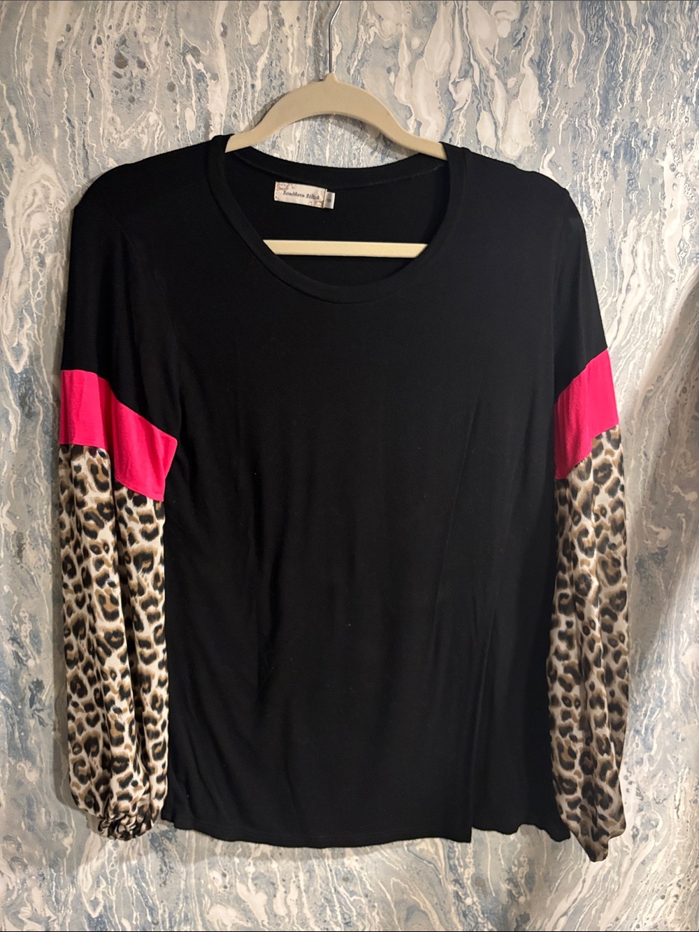 Black Long-Sleeve Top with Hot Pink Accents and Leopard Print Sleeves